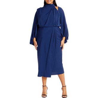 City Chic Jaylee Shoulder Cutout Long Sleeve Dress in Deep Ocean at Nordstrom Rack, Size Xs/14W