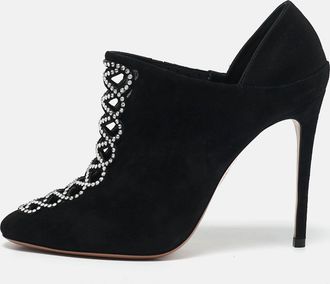 Aquazzura Black Suede Leather And Satin Crystal Embellished Amour Pumps