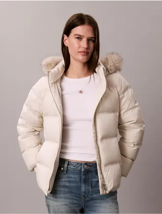 Calvin Klein Womens Matte Belted Short Puffer Jacket - White - XL