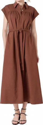 English Factory Linen Belted Midi Dress In Brown