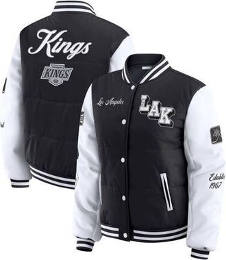 WEAR by Erin Andrews Womens WEAR by Erin Andrews Black/White Los Angeles Kings Varsity Full-Snap Puffer Jacket at Nordstrom, Size Large