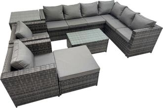 Fimous Fimous Patio Sofa Oblong Coffee Table Set Rattan Garden Furniture Set with 2 Chairs Big Stool Side Table Dark Grey Mixed