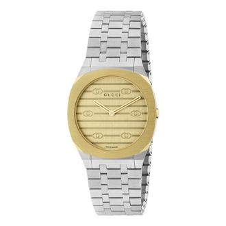 Gucci Accessoires, Dames, Geel, ONE Size, Uomo/Donna - Ya 163502 - 30mm roestvrijstalen en 18k vergulde multi-laagse kast, gouden messing wijzerplaat met In
