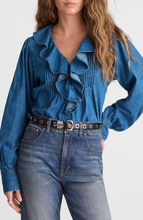 Madewell Ruffle Pintuck Long Sleeve Denim Top in Lambertville Wash at Nordstrom Rack, Size Xx-Small