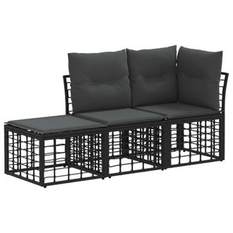 vidaXL Conjunto De Sof&aacute;s De Exterior Con Coj&iacute;n 3 Pcs Negro Poli&eacute;ster Vidaxl