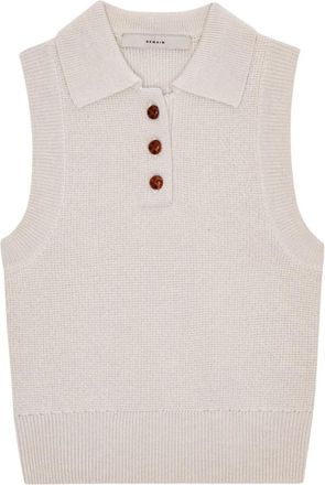 Remain Mouwloze Gebreide Polo Top - Dames - V-hals truien - Beige - L - Wol - Truien & Vesten