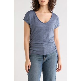 Max Studio Cap Sleeve Ruched Crinkled Knit Top in Denim-Denim at Nordstrom Rack, Size X-Small