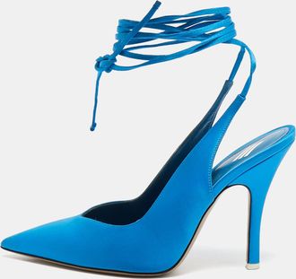 The Attico Blue Satin Pointed Toe Ankle Wrap Pumps