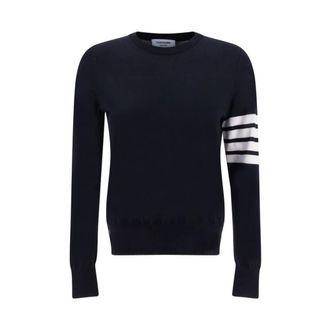 Thom Browne Round-neck Knitwear, female, Blue, Size: M Classic Crewneck Sweater Four Bar Sleeve Detail