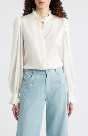 Kobi Halperin Harley Ruffle Puff Shoulder Stretch Silk Shirt in Ivory at Nordstrom, Size Medium