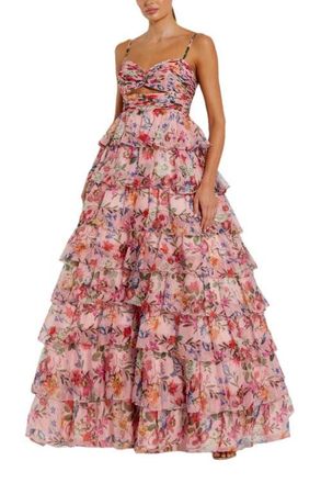 Mac Duggal Floral Cut Out Ruffle Tiered Ballgown in Pink Multi at Nordstrom, Size 14