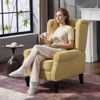 HOMCOM Retro Accent Chair Wingback Armchair with Wood Frame for Living Room in Yellow | Size: 1 Seater