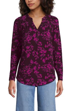 Lands End Long Sleeve Lightweight Jersey Notch Neck Tunic Top in Lush Burgundy Wildflowers at Nordstrom, Size X-Small P