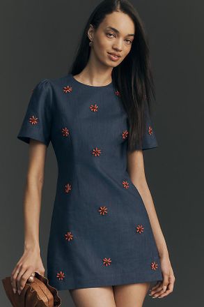 Maude Dawn Short-Sleeve Embroidered Mini Dress