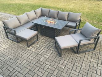 Fimous Aluminium 10 Seater Garden Furniture Outdoor Set Patio Lounge Sofa Gas Fire Pit Dining Table Set with Chair 2 Big Footstools Dark Grey
