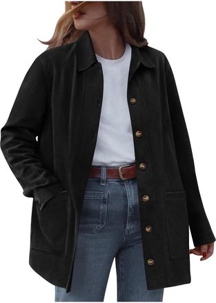Generic Womens Faux Suede Bomber Jackets Autumn Winter Lapel Button Coat Casual Loose Fit Fashion Elegant Solid Ladies Outerwear womens jacket Black L