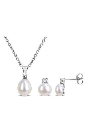 Delmar Cubic Zirconia & Cultured Pearl Pendant Necklace & Stud Earrings Set in Silver at Nordstrom Rack