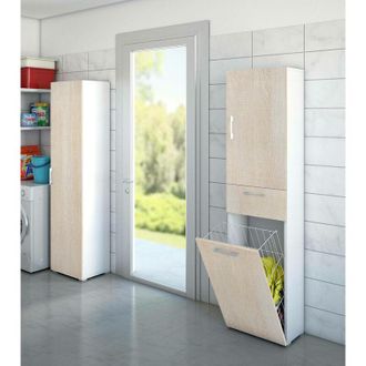 Dmora Dmora - Armario Multiusos Escolzia, Mueble Lavadero Lineal Con 2 Puertas, Columna De Ba&ntilde;o Con Cesto De Ropa, 100% Made In Italy, Cm 45x32h195, Roble Y