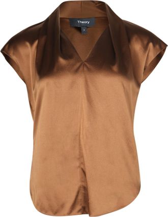 Theory Draped-neck Cap-Sleeve Top in Brown Silk
