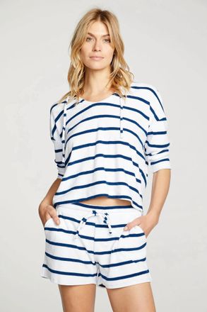 Chaser Terry Cropped 3/4 Sleeve Pullover Hoodie In Striped