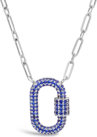 Sterling Forever Pave CZ Carabiner Lock Necklace [Silver/Blue]