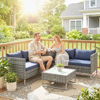 OUTSUNNY Rattan Garden Furniture Set with Storage Table, Cushions, Dark Blue