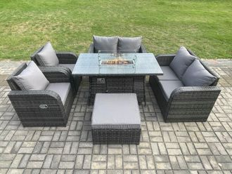 Fimous 7 Seater Rattan Garden Furniture Set Propane Gas Fire Pit Table & Sofa Chair set with Big Footstool in Dark Grey