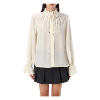 Ganni Blouses, female, White, Size: L Fluid Cupro Tie Shirt