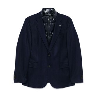 Manuel Ritz Blazers, male, Blue, Size: 2XL Blue Wool Blend Layered Jacket