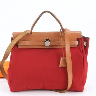 Herm&egrave;s Brown Red Color Leather Canvas Shoulder Bag Tote Bag (Pre-Owned)