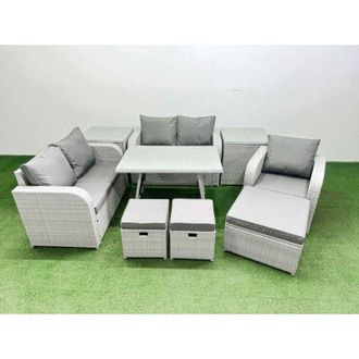 Fimous 8 Seater Outdoor Rattan Garden Furniture Set Love Sofa Reclining Chair Set with Rectangular Dining Table 2 Side Tables 3 Footstools Light Grey