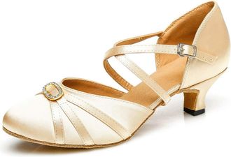 Minitoo Womens Latin Salsa Ankle Strap Closed Toe Satin Dance Shoes L117B Champagne UK 6.5