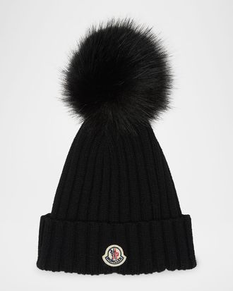 Moncler Wool Beanie with Faux Fur Pom
