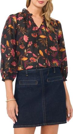 Vince Camuto Floral Tie Neck Cotton Top in Rich Black at Nordstrom, Size X-Small