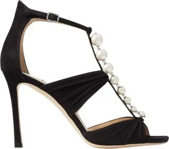 Jimmy Choo London Aura 95 Pearls and Crystals Suede Sandals, Brand Size 35.5 ( US Size 5.5 )