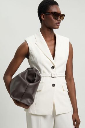 Karen Millen Womens Petite Tailored Structured Crepe Belted Sleeveless Blazer - White - Size 14 UK