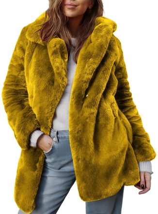 Generic Womens Faux Fur Coat Fuzzy Fleece Jackets Winter Warm Lapel Overcoats Fluffy Open Front Dressy Cardigan Windproof Outerwear Turndown Thick Plush Therm