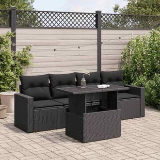vidaXL Set De Muebles De Jard&iacute;n 5 Pzas Y Cojines Rat&aacute;n Sint&eacute;tico Negro Vidaxl