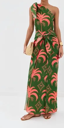 Johanna Ortiz Seaweed Linen Ankle Dress In Green/peach