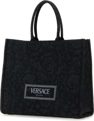 Versace Womens Embroidered Fabric Big Athena Shopping Bag Blackblackversacegold Borse A Mano