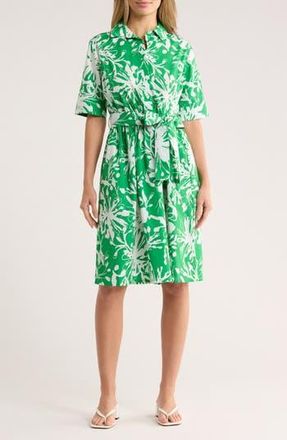 DKNY Floral Elbow-Length Sleeve Cotton Shirtdress in Fern/Ivory at Nordstrom Rack, Size 8
