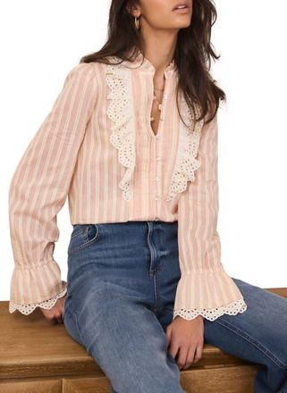 Mint Velvet Striped Broderie Trim Blouse in Light Pink at Nordstrom, Size X-Large