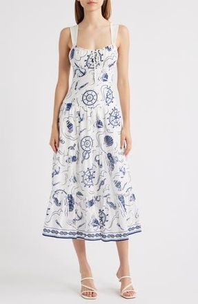 Moon River Print Ruffle Hem Sleeveless Midi Dress in Ivory Multi at Nordstrom Rack, Size X-Small