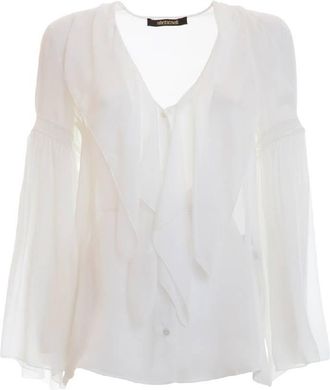 Roberto Cavalli Frilled V-Neck Long Sleeve Silk Blouse, Brand Size 44 ( US Size 10 )