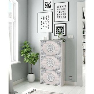 Dmora Mueble zapatero Escondido, Zapatero con 3 puertas abatibles, Mueble con doble capacidad para hasta 18 pares de zapatos, cm 70x17h180, Blanco antiguo