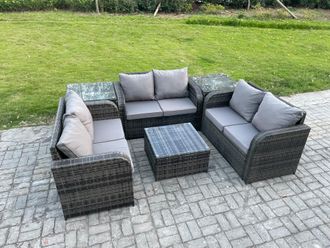 Fimous Outdoor Garden Furniture Sets 6 Seater Wicker Rattan Furniture Sofa Sets with Square Coffee Table Love seat Sofa 2 Side Tables in Dark Grey