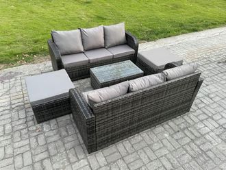 Fimous Outdoor Garden Furniture Sets 8 Seater Wicker Rattan Furniture Sofa Sets with Rectangular Coffee Table 3 Seater Sofa 2 Big Footstool