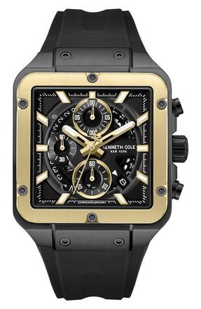 Kenneth Cole Arlington Automatic Chronograph Silicone Strap Watch, 43mm in Black at Nordstrom