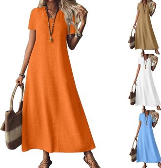 Generic Casual Summer Modest Long Flowy Beach Vacation Dresses,Maxi Shirt Dresses for Women 2025,Long Linen Dress (Orange,L)
