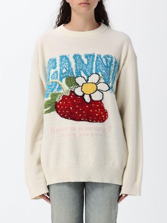 Ganni Maglia girocollo relaxed fit in misto lana riciclata con logo jacquard